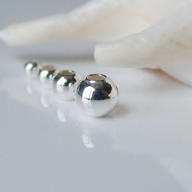Perles en argent Sterling 925 massif, boule ronde d'espacement sans couture, résultats de bijoux DIY
