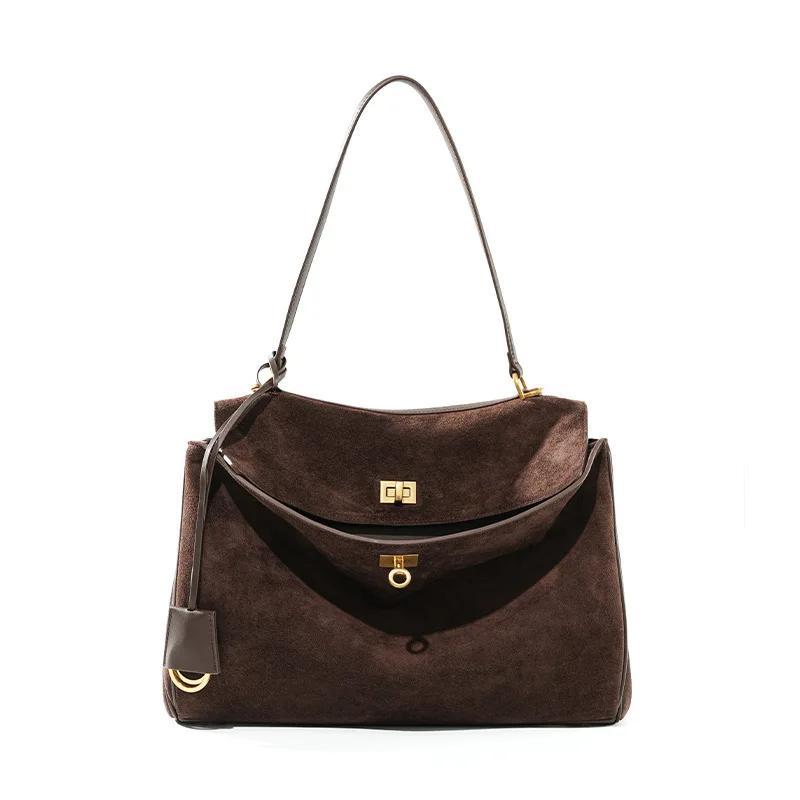 Sac à main en daim et cuir véritable pour femmes, sac à bandoulière de grande capacité, fourre-tout