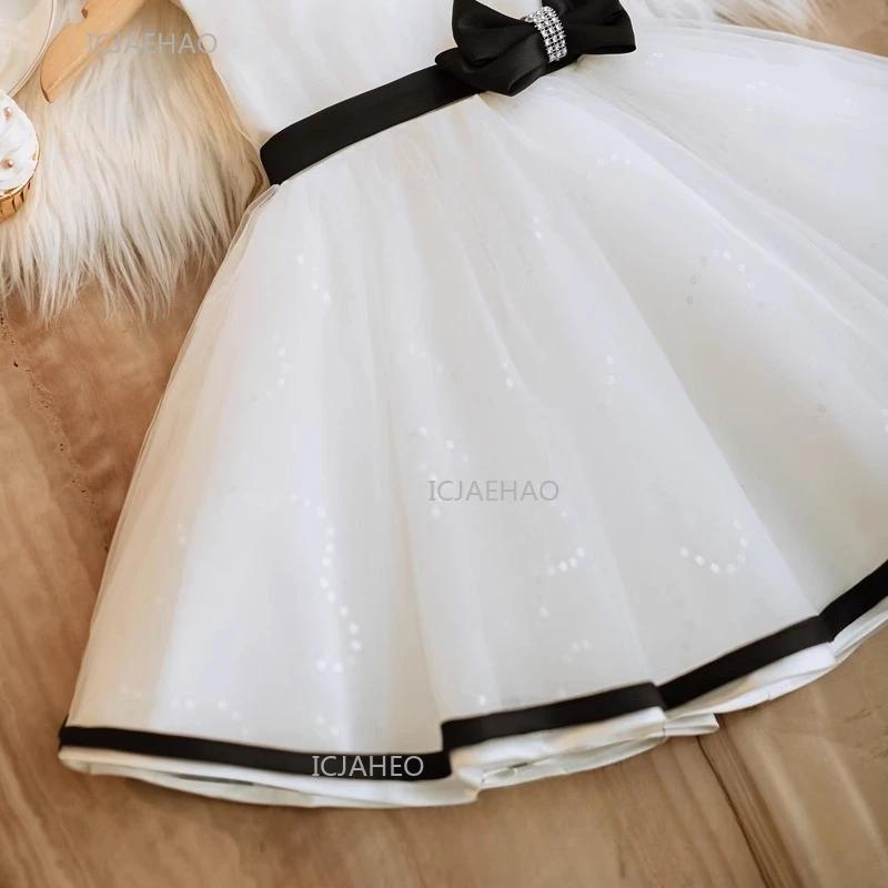 Robe de soirée noire avec nœud et ceinture pour enfants, idéale pour la scène, célébration des 100 j
