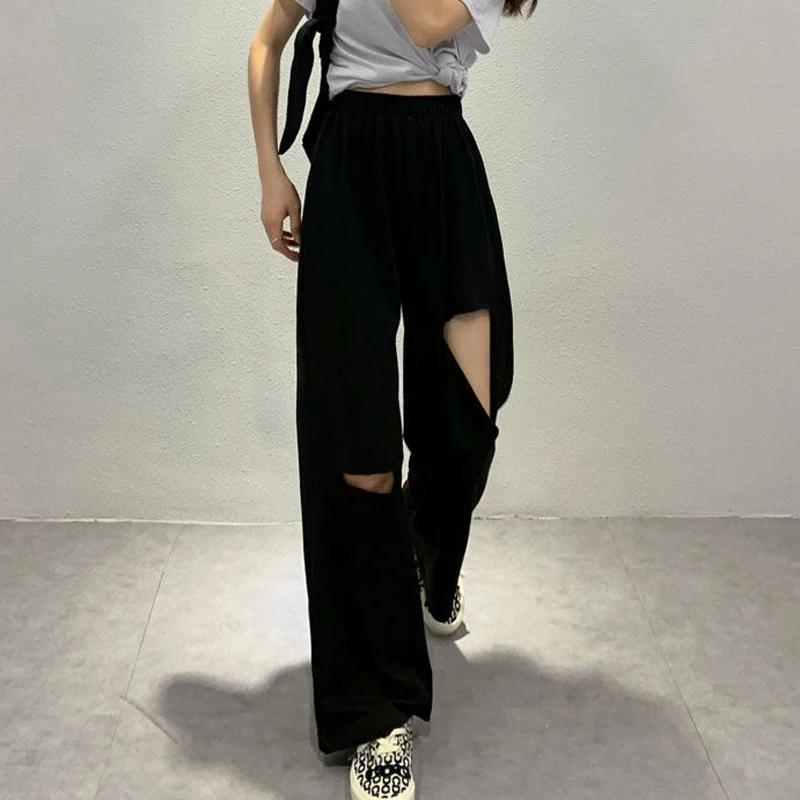 Pantalon Harajuku à jambes larges ajouré pour femmes, jogging, troué, Streetwear Chic, pantalon droi