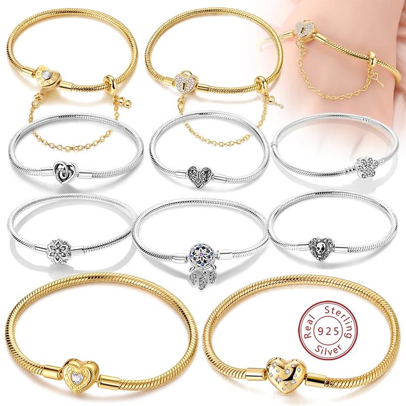Bracelet cœur d'amour en or 17-20 cm, charme en argent sterling 925, bracelet de famille éternel, br