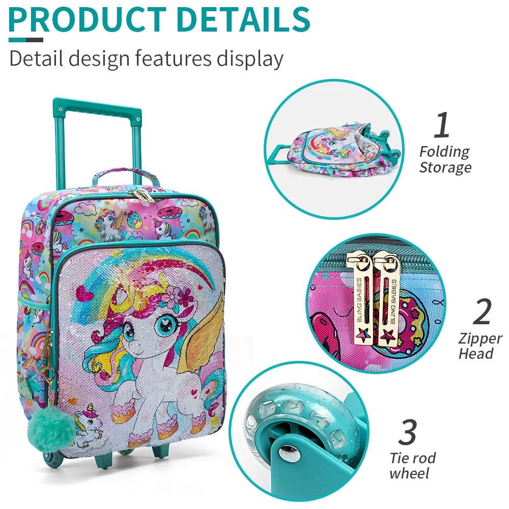 Valise de voyage à roulettes pour enfants, valise à main verte, design de dessin animé mignon et de