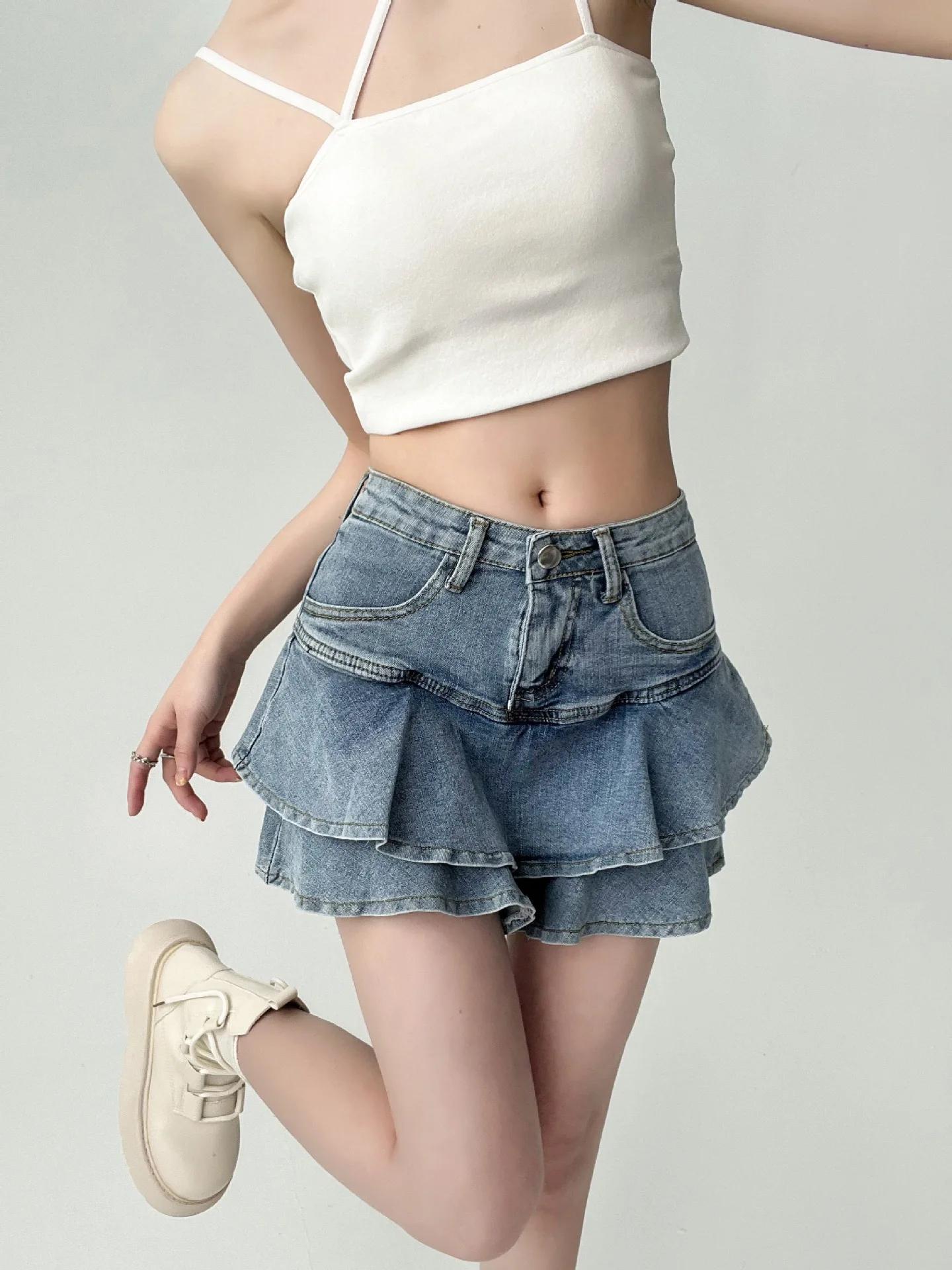 Spice Girls jupe en jean anti-dérapant Double jupe en jean femme extensible taille haute minceur a-l