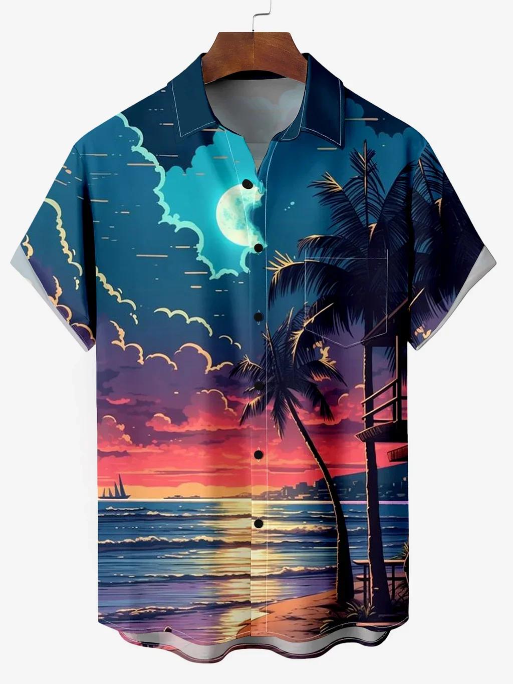 Chemise hawaïenne AMP Trees pour garçons, impression 3D, col coloré, chemise décontractée, manches c