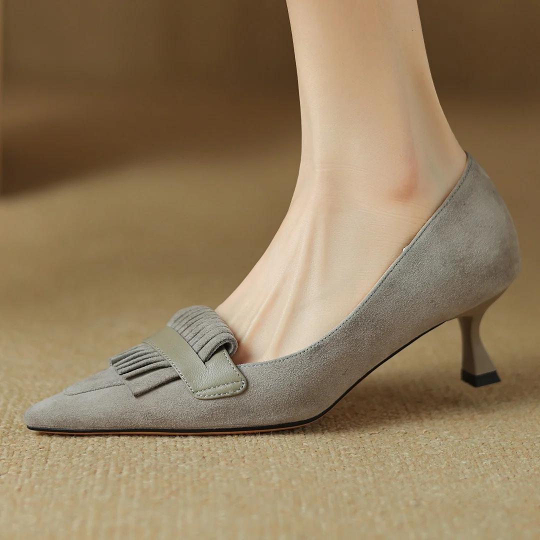 Escarpins en cuir suédé naturel pour femmes, talons hauts fins, bout pointu, franges élégantes, chau