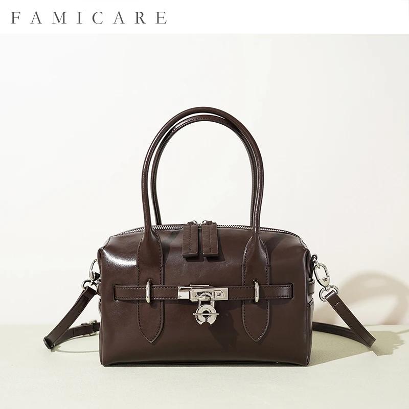 Sac à main Boston en cuir de Grain pour femmes, sac à main spacieux avec serrure, sac à bandoulière