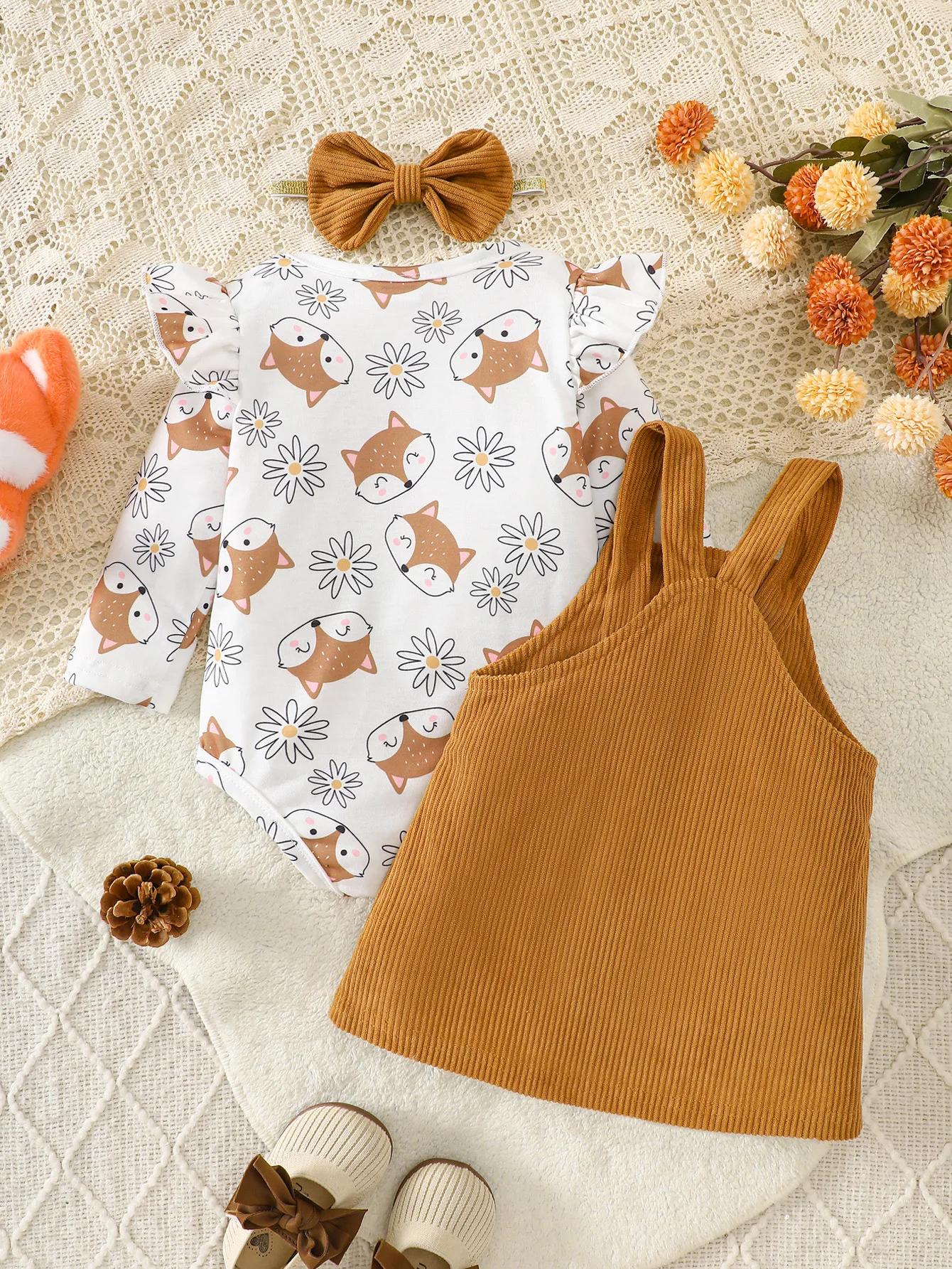 Ensemble en velours côtelé Little Fox Autumn Story : Combinaison imprimée marguerites + Jupe à brete