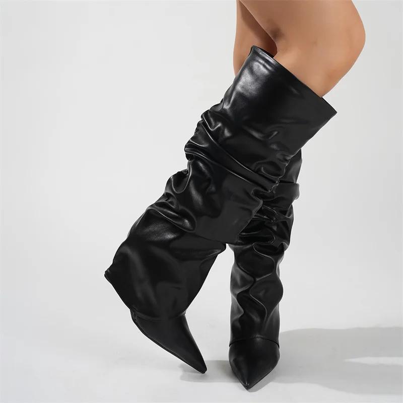 Bottes hautes plissées en cuir noir pour femmes, chaussures à semelles compensées, Sexy, à bout poin