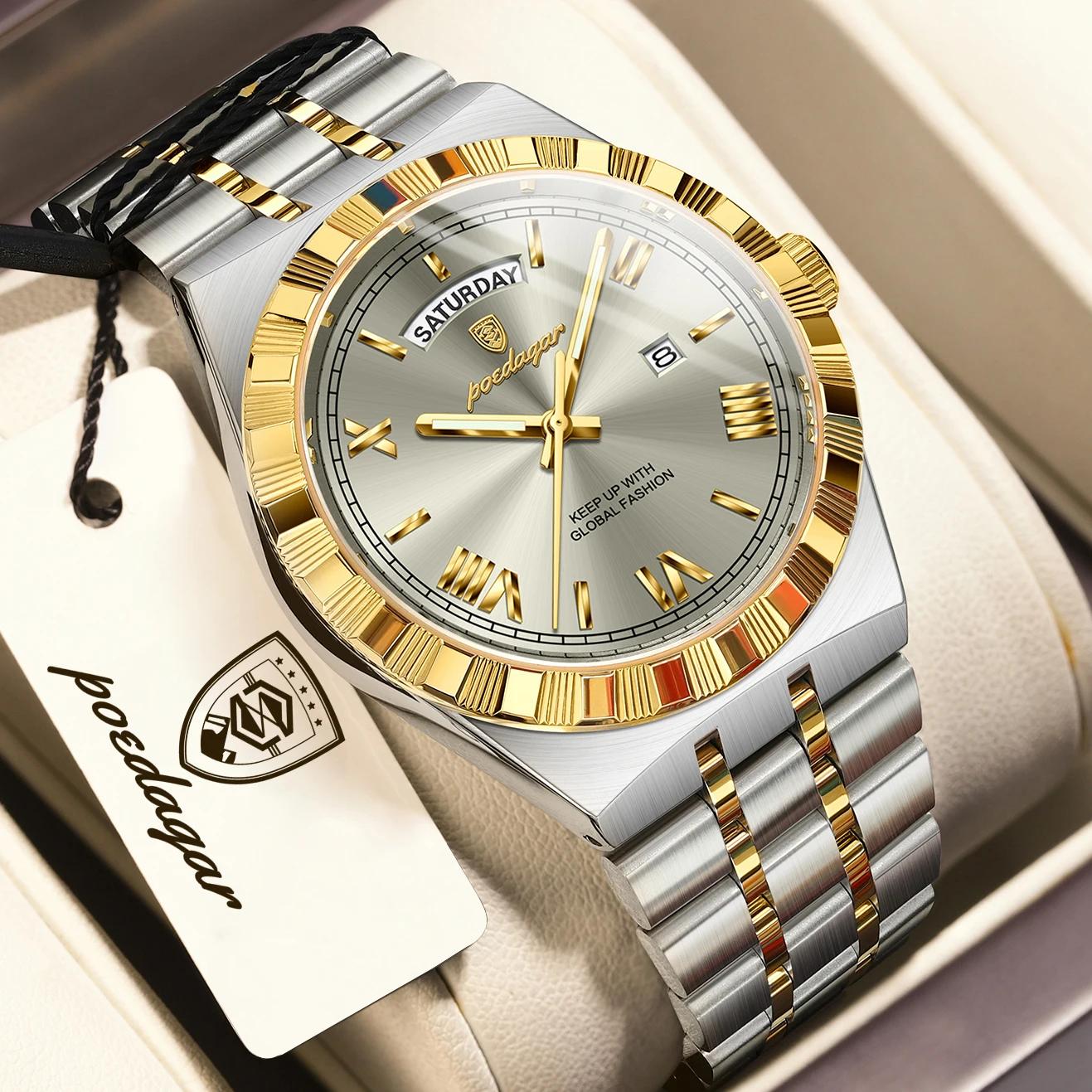 POEDAGAR mode affaires montre pour hommes lumineux étanche semaine Date luxe homme montre-bracelet e