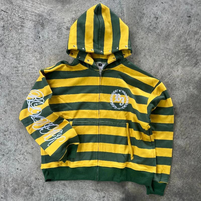 Y2K Street Kid sweat à capuche zippé rayure Rivet motif de broderie sweat nouveaux hommes Hip Hop mo