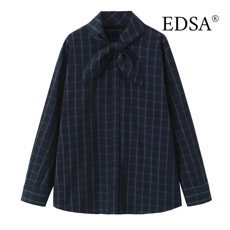 EDSA chemise à carreaux bleu marine pour femmes avec poche carrée pour bureau dame simple boutonnage