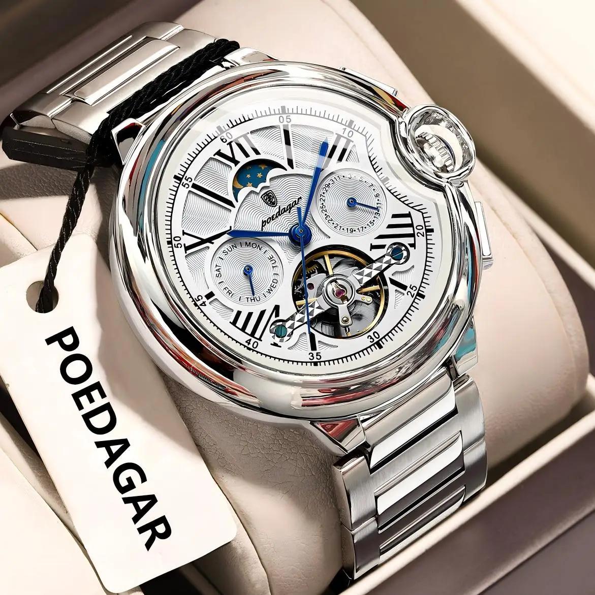 POEDAGAR luxe affaires homme montre Date semaine acier inoxydable Tourbillon hommes horloge étanche