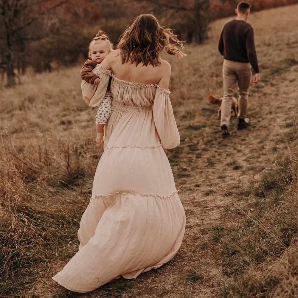 Robe de gâteau en coton et lin doux, épaules dénudées, manches longues, style bohème, pour séance Ph