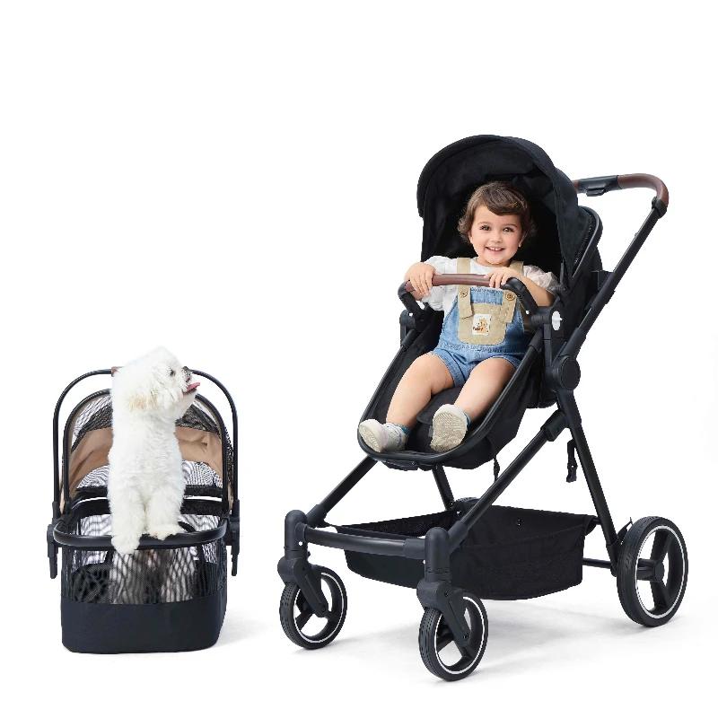Cette poussette multifonctionnelle combine les fonctions pour bébé et pour animal de compagnie ; ell