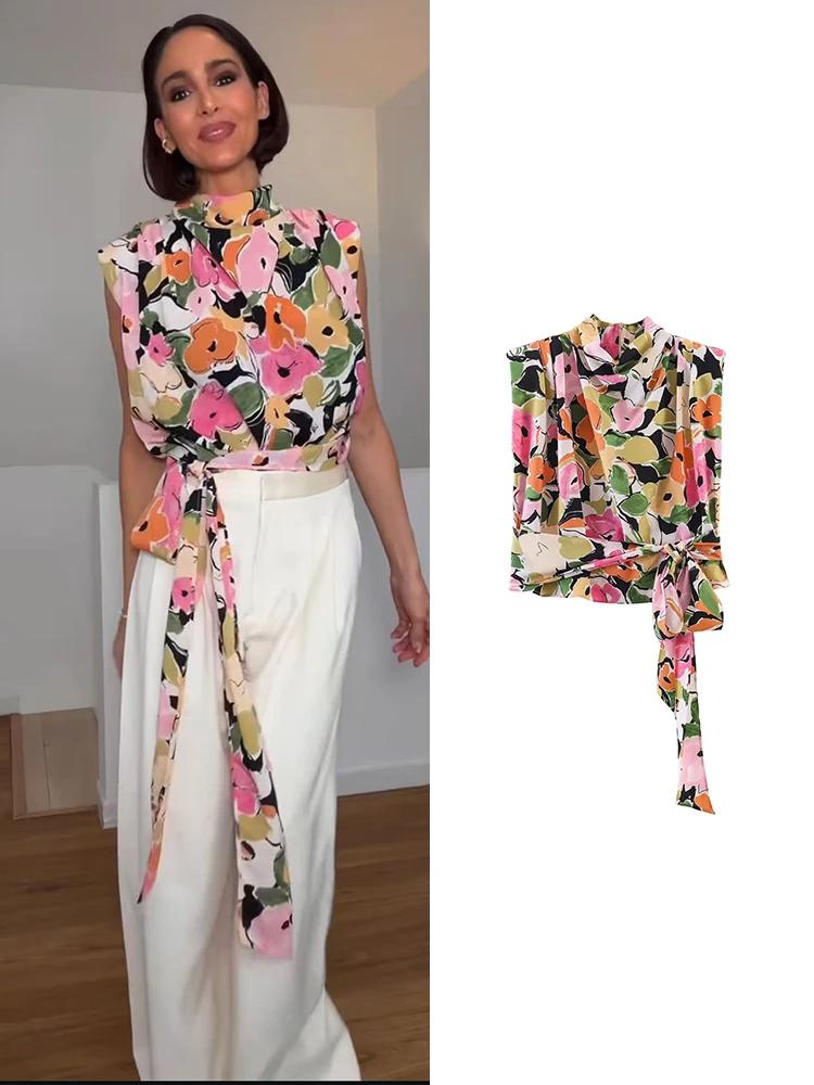 TFMLN Été 2026 – Blouse sans manches élégante pour femme, imprimé floral, avec épaulettes, haut chic