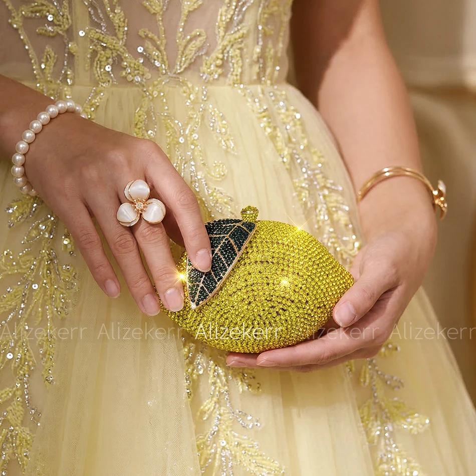 Sacs de soirée Alizekerr en forme de citron pour femmes, élégants sacs à main en métal ornés de stra