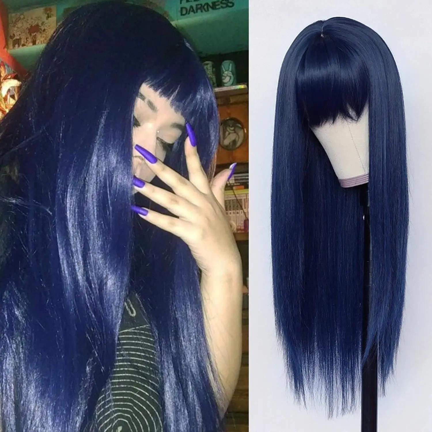 Perruque de cheveux synthétiques de remplacement avec frange, couleur bleue, résistante à la chaleur