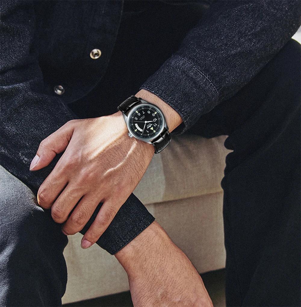 Montre automatique WINNER pour homme, fenêtre de calendrier, cadran noir tendance, bracelet en cuir