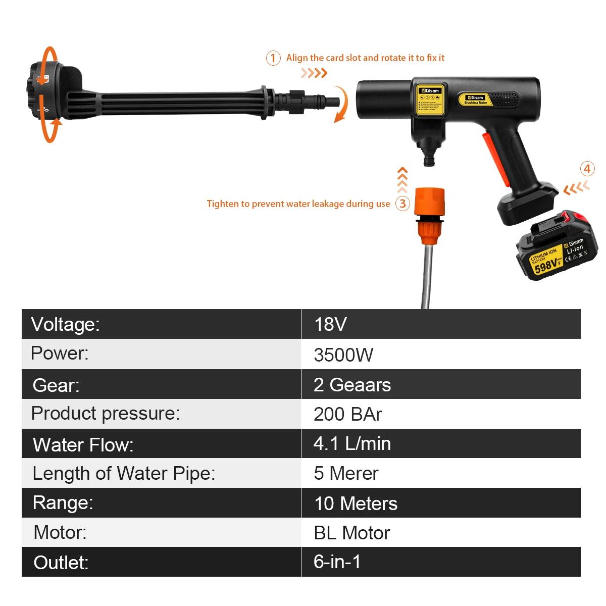 Gami 200Bar laveuse haute pression électrique sans brosse 6-en-1 lavage de voiture pistolet à eau de