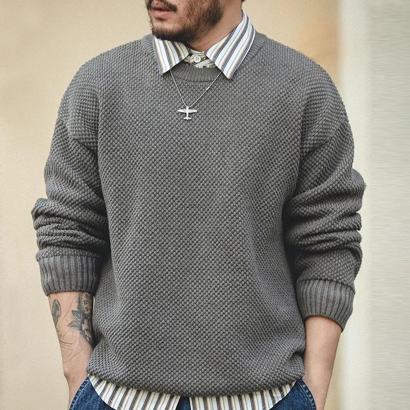 Maden vêtements de travail hommes Vintage poids lourd gris ananas motif pull épaissi col rond paress