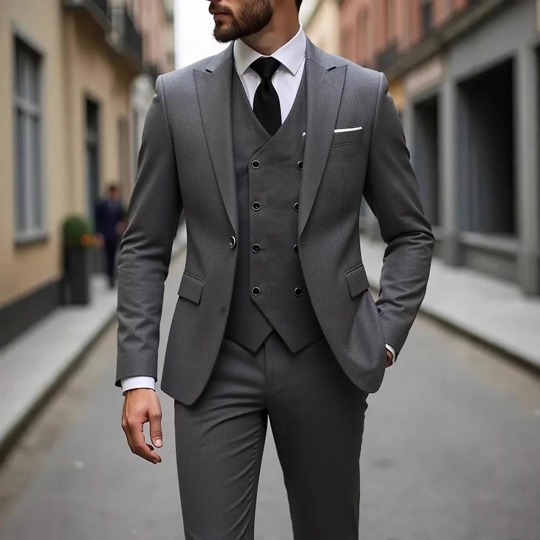 Costumes pour hommes gris foncé de haute qualité, coupe cintrée, simple boutonnage, revers, élégant,