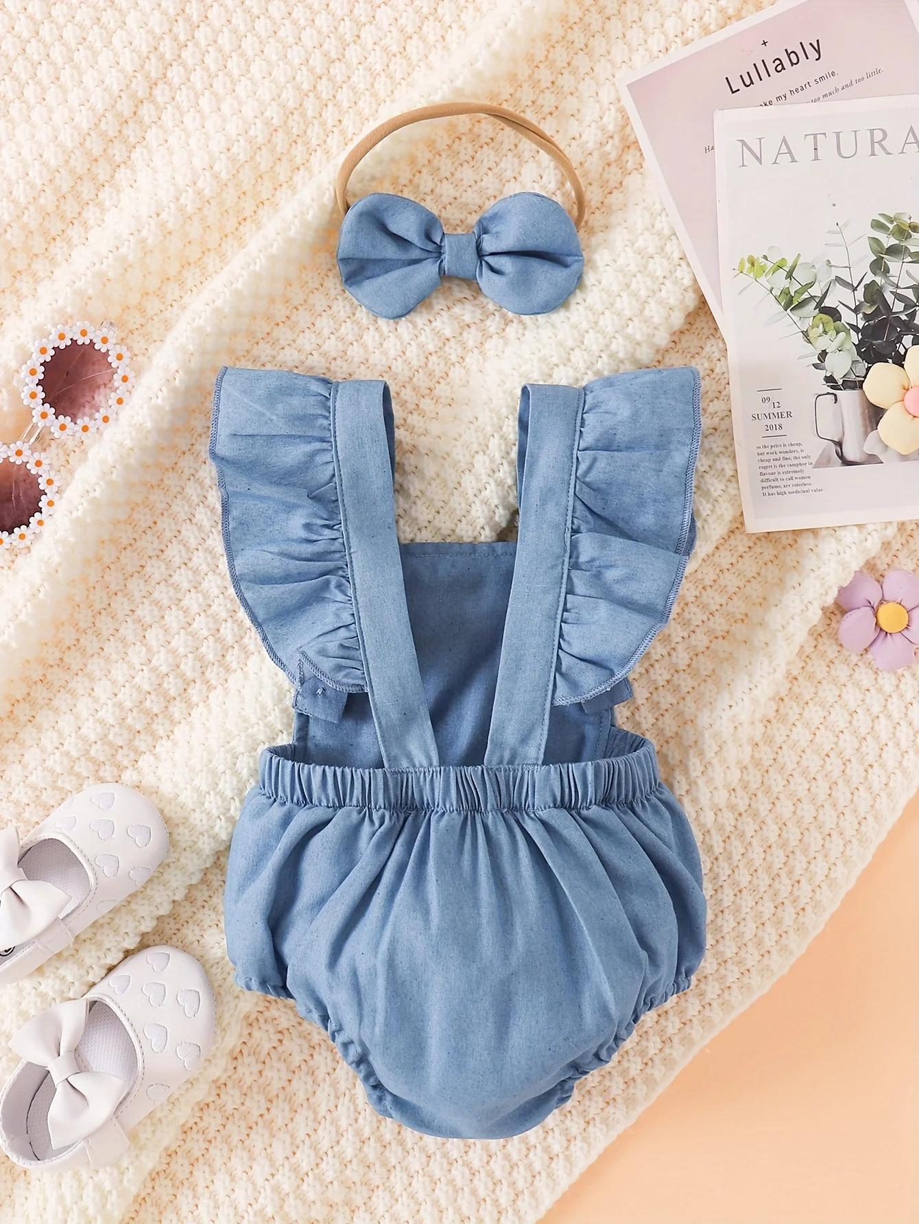 Barboteuse en Denim doux pour bébé fille, barboteuse flottante brodée de fleurs 3D + bandeau à nœud,