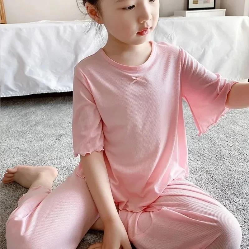 Ensemble de soie glacée pour filles, vêtements de maison fins pour enfants, vêtements d'été pour enf