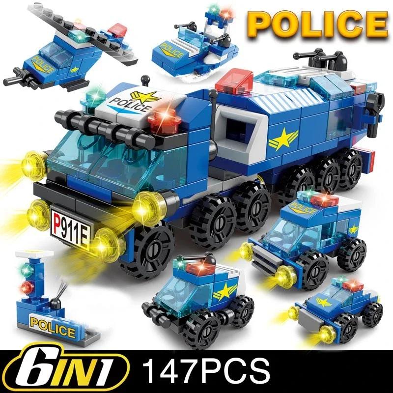 Ensemble de blocs de construction de modèles de ville classiques 6 en 1, voiture de police, voiture
