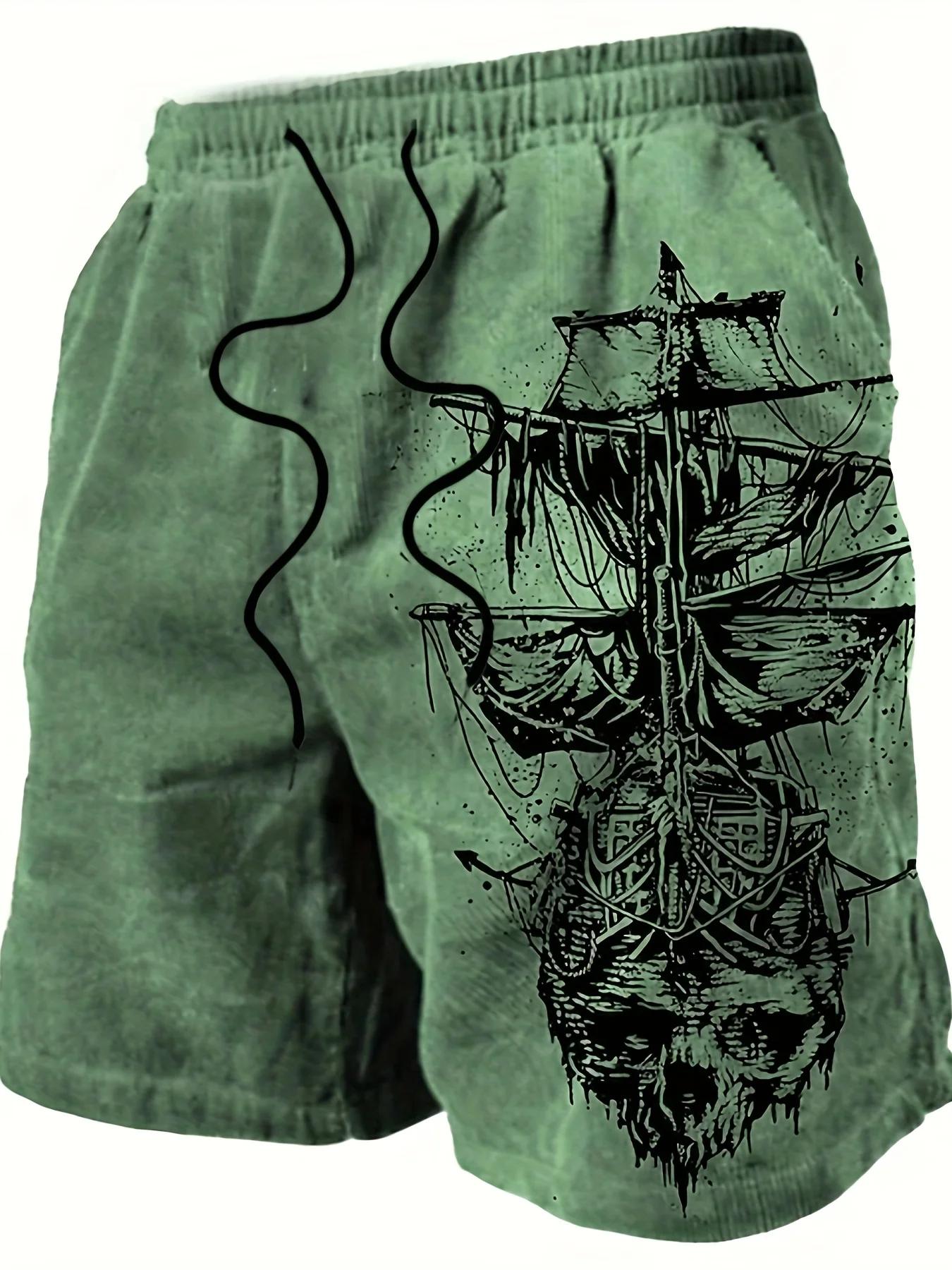 Short de bain pour hommes, séchage rapide, crâne de pirate, voilier, cordon de serrage, short de pla