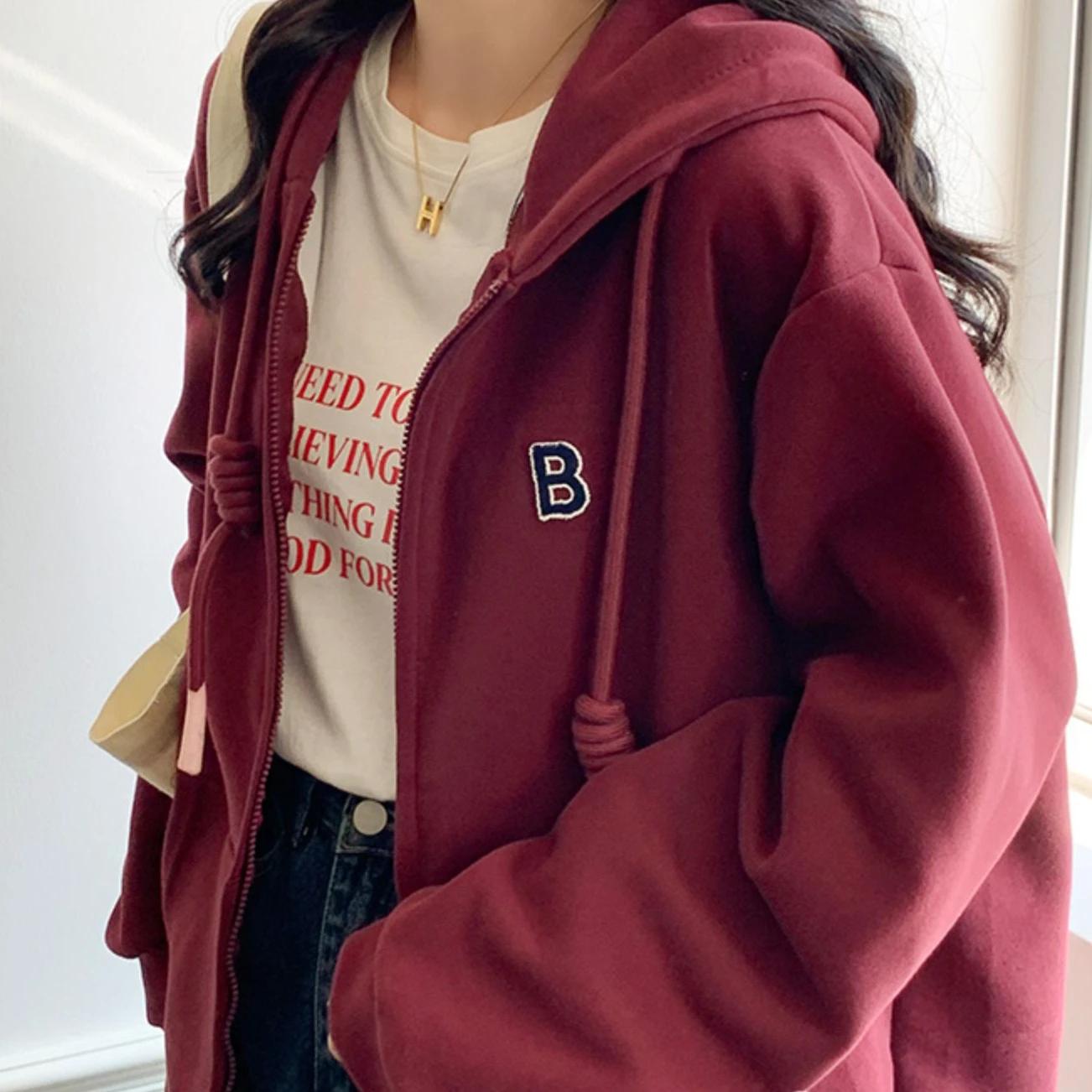 Sweat à Capuche Bordeaux pour Femme, Mode Vintage, Style Coréen, Fermeture Éclair, Assressenti, Brod