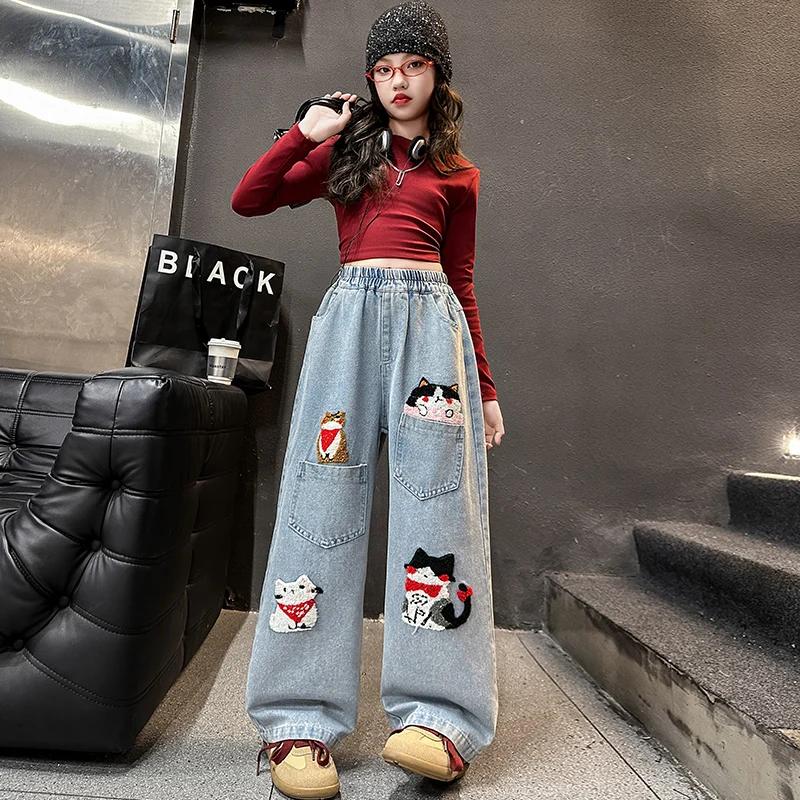 Printemps junior filles dessin animé jambe large jeans adolescents enfants serviette brodé chat deni