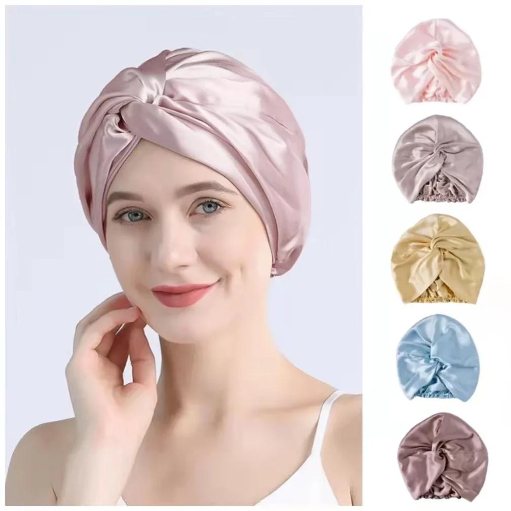 Bonnets Turban en soie de mûrier pour femmes, bonnet de nuit torsadé 19 Momme, bonnet enveloppant de