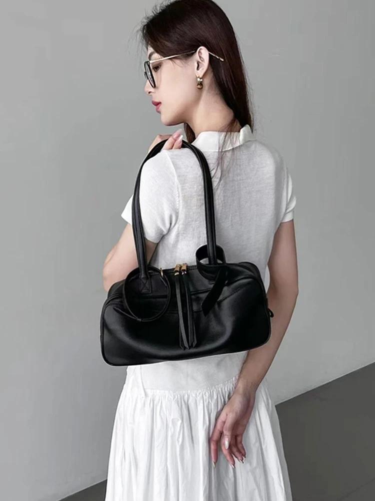 Sac d'oreiller en cuir véritable pour femmes, version haute, sac de bowling en cuir de vache à premi