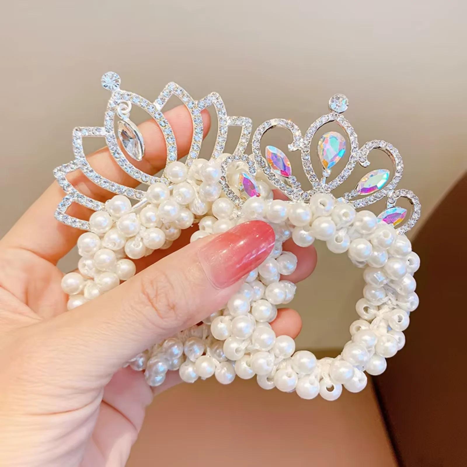 2PC Accessoires de coiffure pour enfants : Bandeaux élastiques en caoutchouc avec couronne de perles