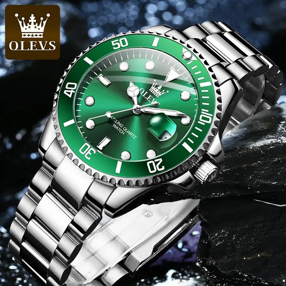 OLEVS-Montre à quartz étanche verte pour homme, acier inoxydable, montre-bracelet Shoous, luxe, haut