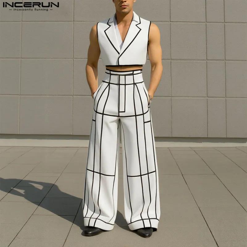 INCERUN hommes ensembles Patchwork revers sans manches gilets courts et pantalons à jambes larges de
