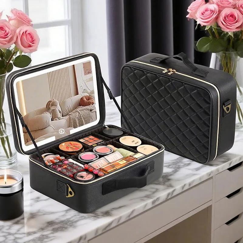 Trousse de maquillage de voyage de grande taille avec miroir, étui de maquillage de manucure de beau