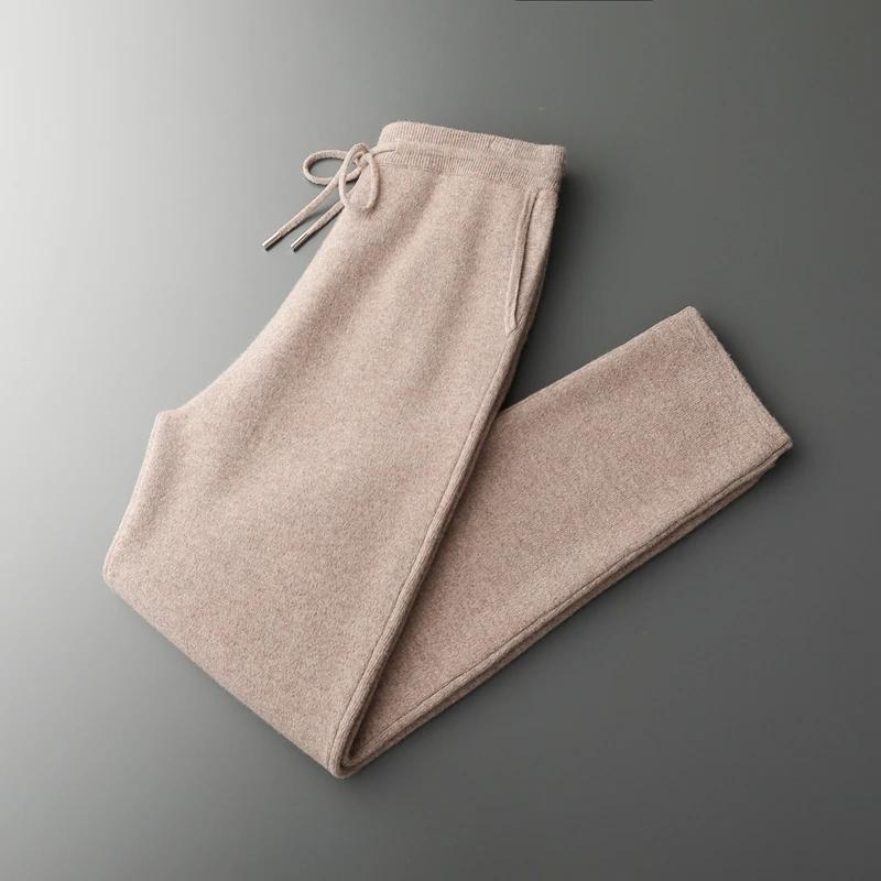 Pantalon épais taille haute pour hommes, petit pied, 100% laine mérinos tricotée, décontracté, mode,