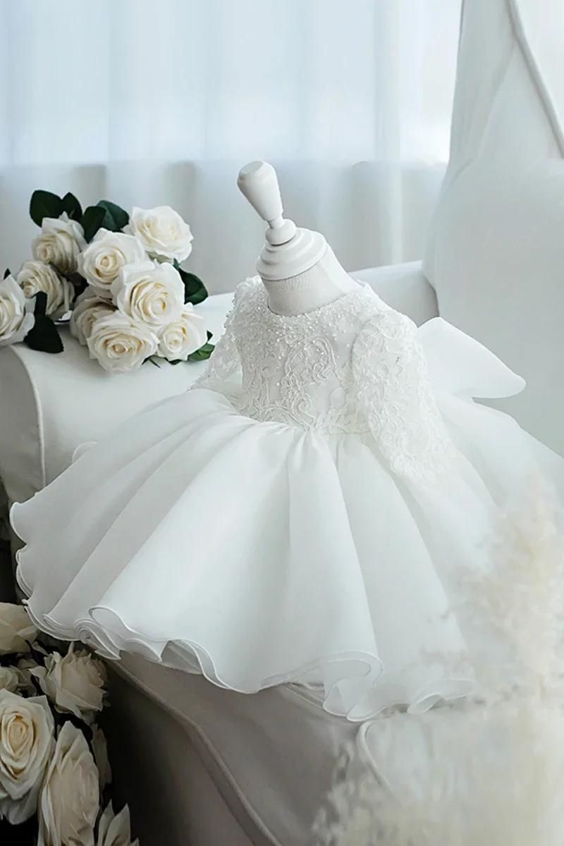 Robe blanche à sequins pour bébé fille, vêtements à manches longues, robe de baptême pour nouveau-né