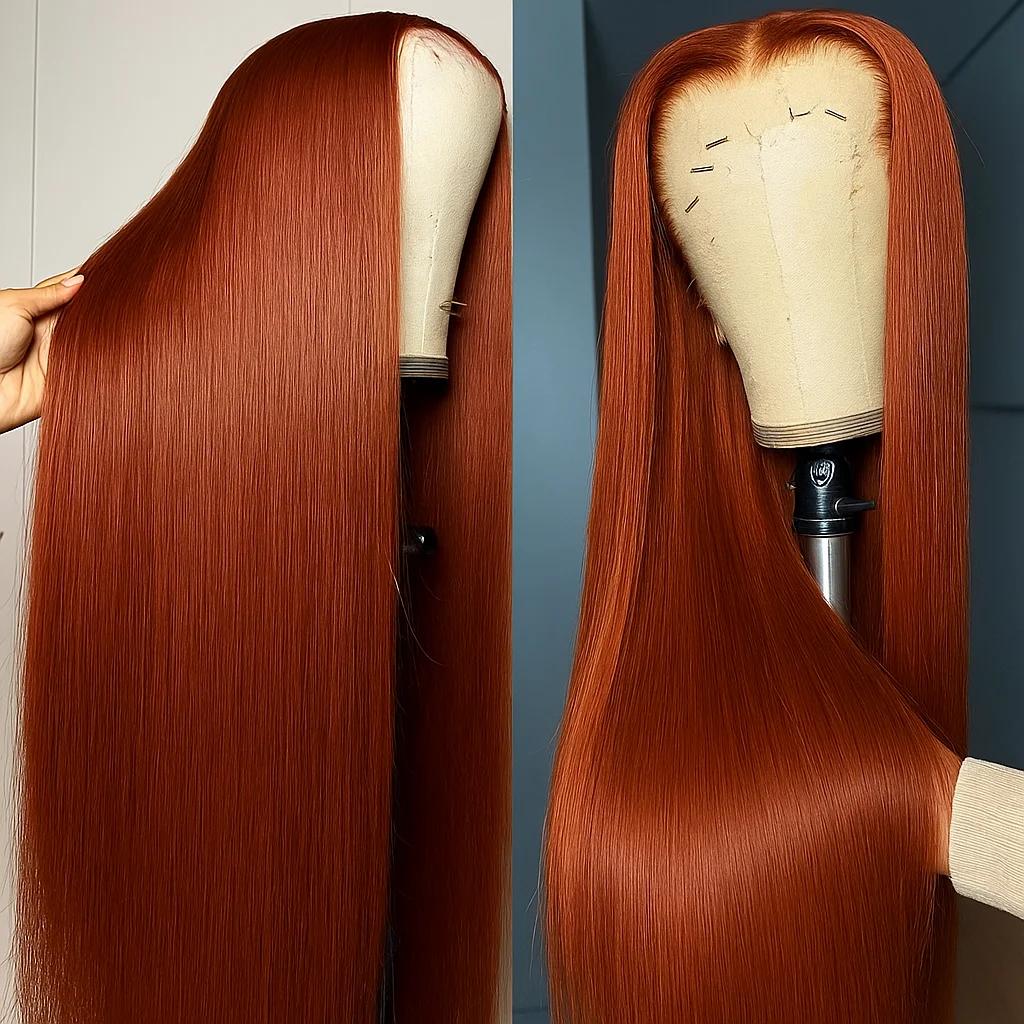 Perruque Lace Frontal Wig brésilienne naturelle lisse, cheveux lisses, brun rougeâtre, 32 pouces, 13