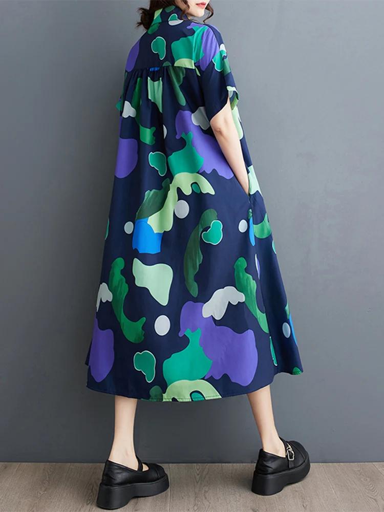 Robe chemise Vintage imprimée Patchwork pour femmes, manches courtes, ample, décontractée, mi-longue
