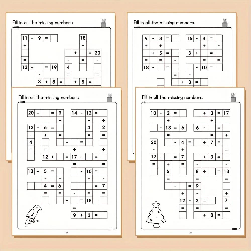 Livre de puzzle de mots croisés mathématiques pour enfants, pratique de l'addition et de soustractio