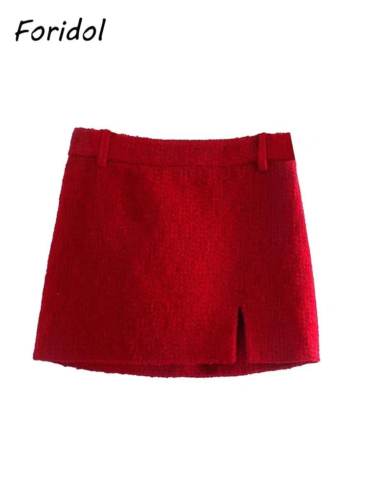 Foridol-Blazer court à double boutonnage et jupe à col rond pour dames, ensembles de bureau, rouge,