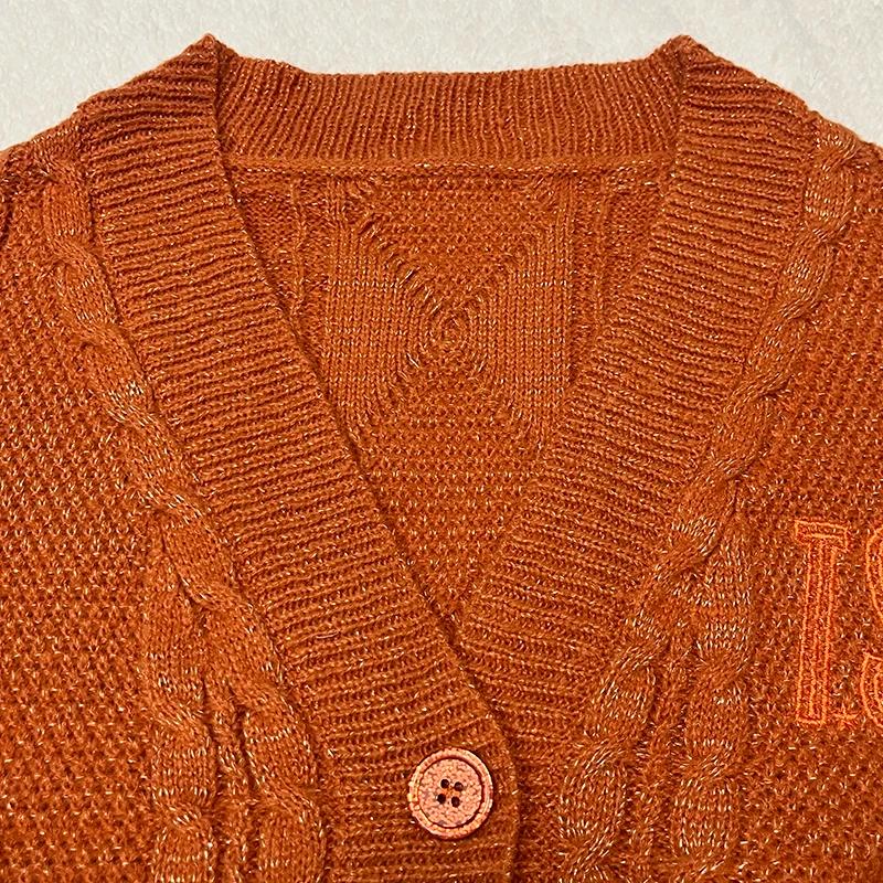 Cardigan TS scintillant pour femmes, pull en tricot épais Orange avec broderie d'étoiles, fil doré,