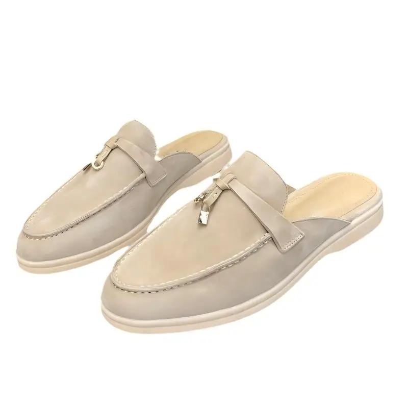 Mules plates en cuir de cerf à bout rond et pompon pour femme, style britannique | Chaussons Confo