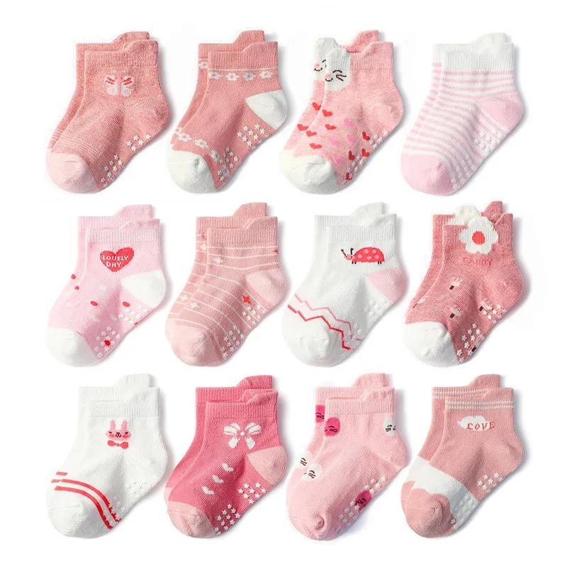 6 paires de chaussettes antidérapantes pour filles, motif de fleurs et de cœurs, pour enfants, bébés