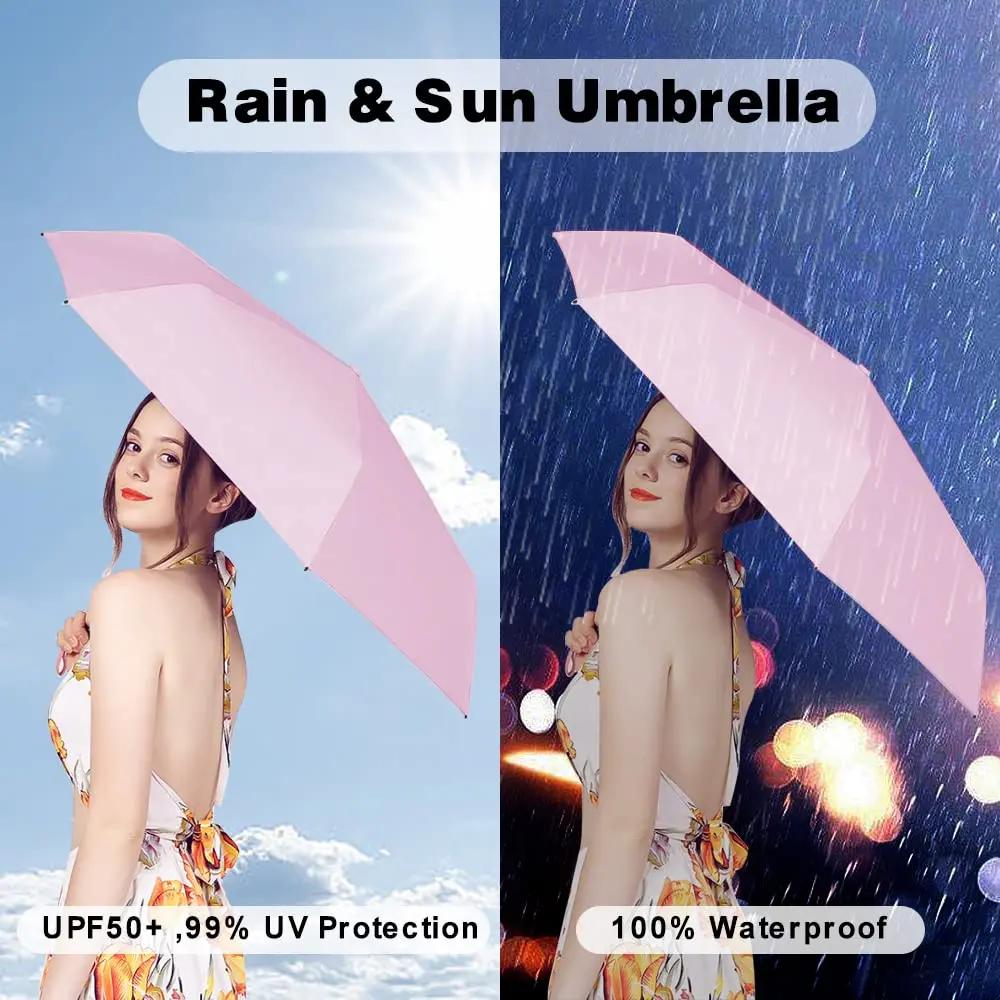 Mini parapluie solide Double os, Protection UV, Six plis, pluie et brillance, coupe-vent, portable,