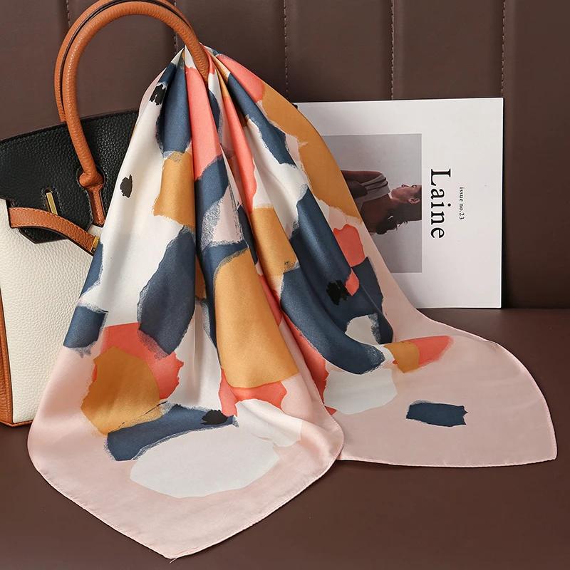 Foulard carré en Satin de soie imprimé de luxe pour femmes, châle Hijab, ruban pour cheveux, bandeau