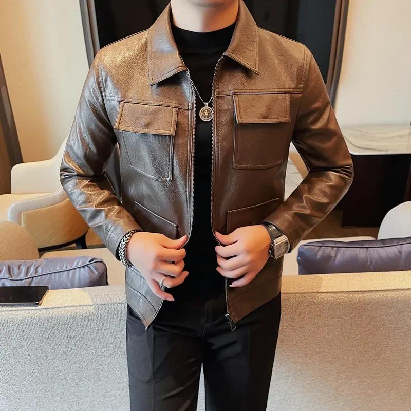 Veste en similicuir PU de haute qualité, mode, conception multi-poches, CombMan, Vintage Business, S