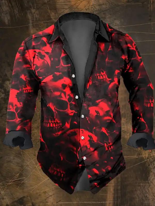 Chemise à manches longues décontractée noire à imprimé de crâne foncé vintage pour hommes d'Hallowee